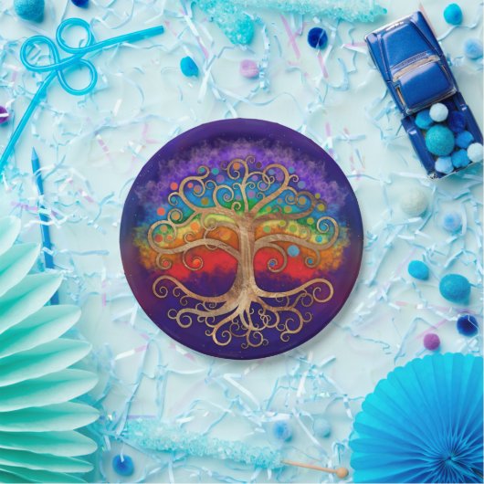 Levensboom Golden Swirl en Rainbow Papieren Bordje (Feest)