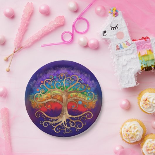 Levensboom Golden Swirl en Rainbow Papieren Bordje (Feest)