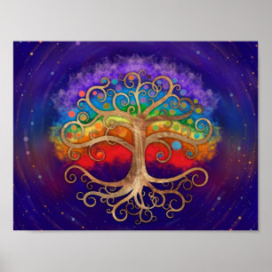 Levensboom Golden Swirl en Rainbow Poster