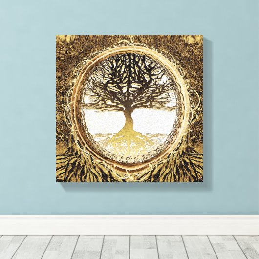 Levensboom in bruin canvas afdruk (Insitu (Houten vloer))