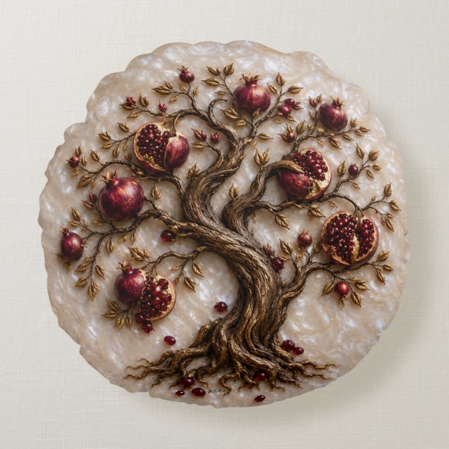 Levensboom met granaatappels | 3D-reliëfkunst Rond Kussen (Voorkant)