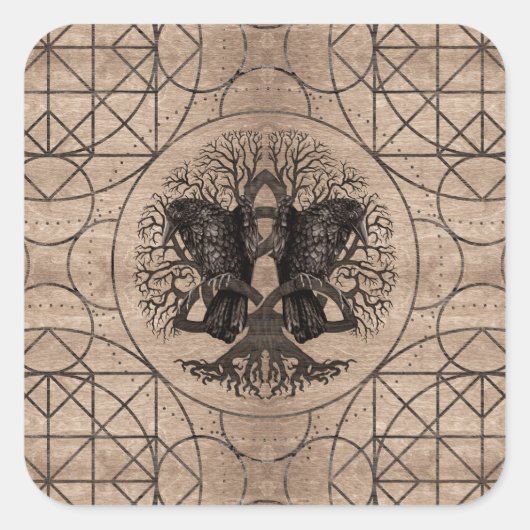 Levensboom - met raven houten textuur vierkante sticker (Voorkant)