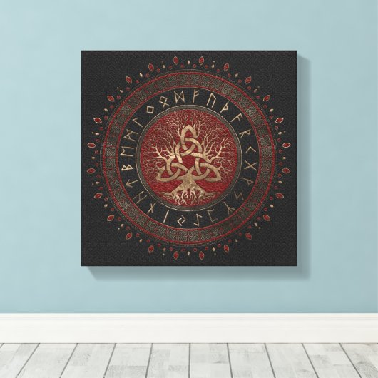 Levensboom met Triquetra Black Red Leather Canvas Afdruk (Insitu (Houten vloer))