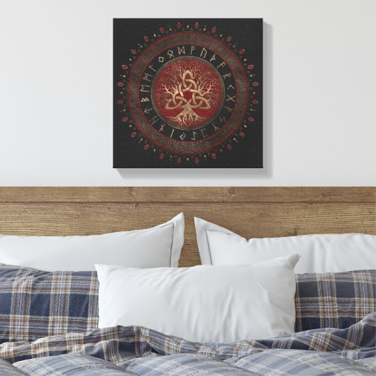 Levensboom met Triquetra Black Red Leather Canvas Afdruk (Insitu (Slaapkamer))