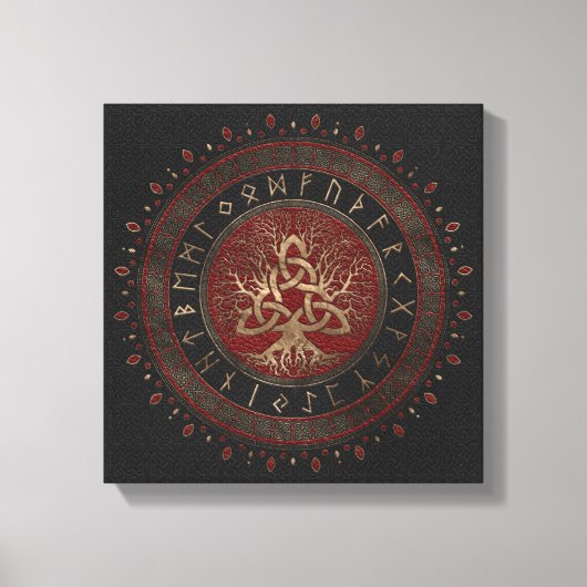 Levensboom met Triquetra Black Red Leather Canvas Afdruk (Voorkant)