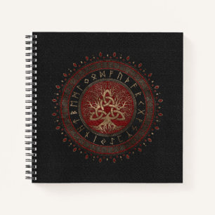 Levensboom met Triquetra Black Red Leather Notitieboek