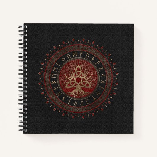 Levensboom met Triquetra Black Red Leather Notitieboek (Voorkant)