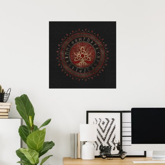 Levensboom met Triquetra Black Red Leather Poster (Thuiskantoor)