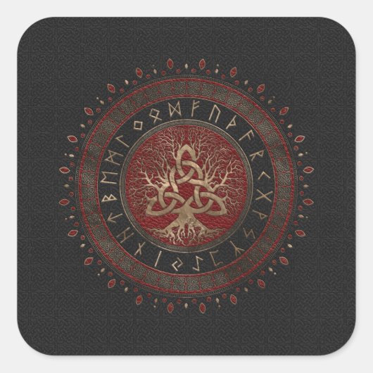 Levensboom met Triquetra Black Red Leather Vierkante Sticker (Voorkant)