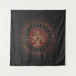 Levensboom met Triquetra Black Red Leather Wandkleed