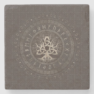 Levensboom met Triquetra bruin leder en goud Stenen Onderzetter