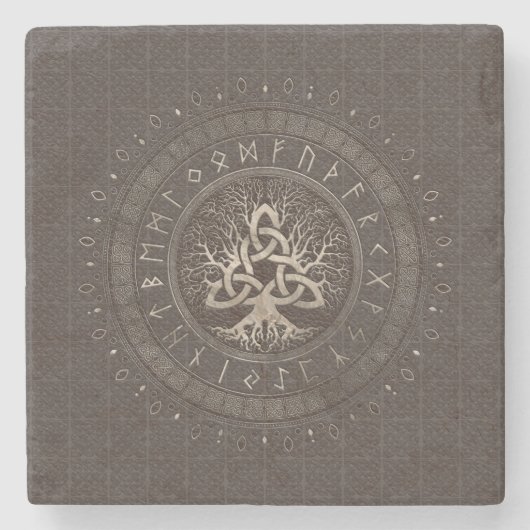 Levensboom met Triquetra bruin leder en goud Stenen Onderzetter (Voorkant)