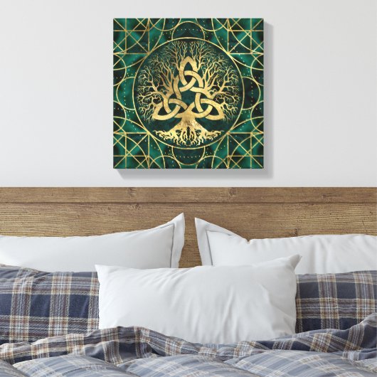 Levensboom met Triquetra Malachite en Gold Canvas Afdruk (Insitu (Slaapkamer))