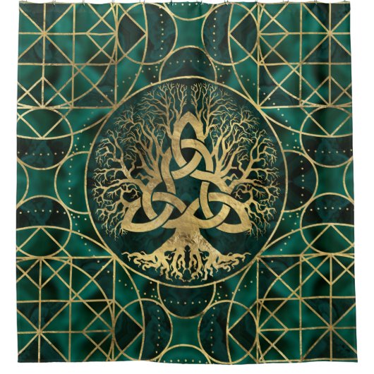 Levensboom met Triquetra Malachite en Gold Douchegordijn (Voorkant)