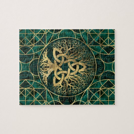 Levensboom met Triquetra Malachite en Gold Legpuzzel (Horizontaal)