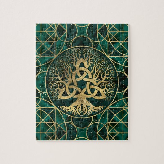 Levensboom met Triquetra Malachite en Gold Legpuzzel (Verticaal)