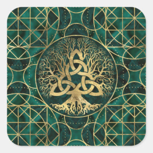 Levensboom met Triquetra Malachite en Gold Vierkante Sticker