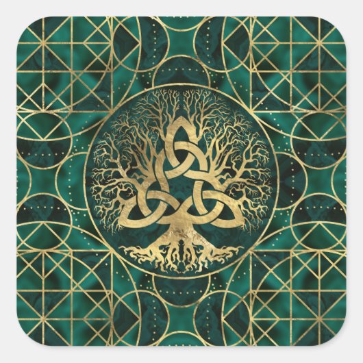 Levensboom met Triquetra Malachite en Gold Vierkante Sticker (Voorkant)