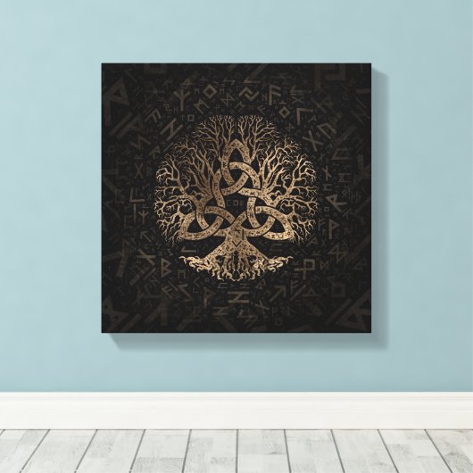 Levensboom met Triquetra op het Futhark-patroon Canvas Afdruk (Insitu (Houten vloer))