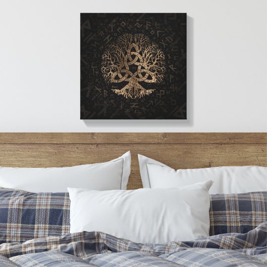 Levensboom met Triquetra op het Futhark-patroon Canvas Afdruk (Insitu (Slaapkamer))