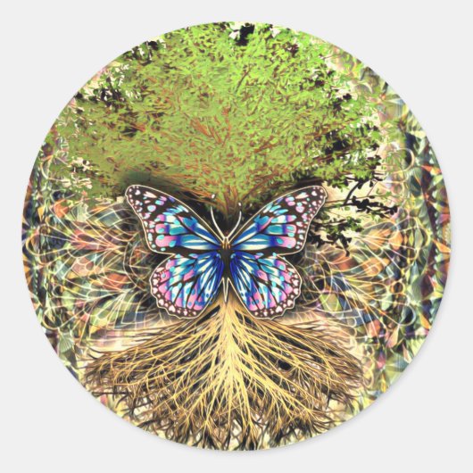Levensboom met Vlinder Goud Ronde Sticker (Voorkant)
