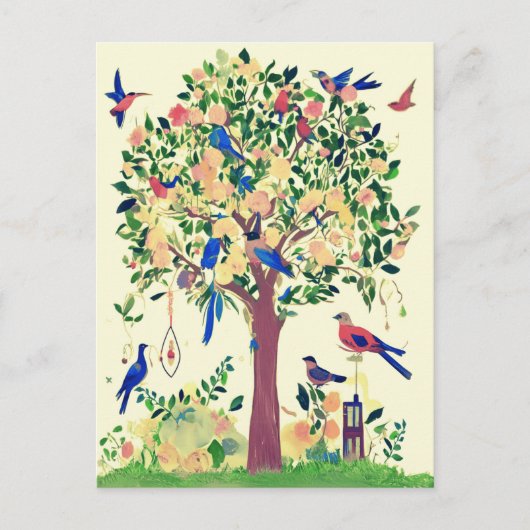 Levensboom met vogels en bloemen briefkaart (Voorkant)