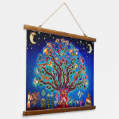 Levensboom met vogels en bloemen in de nachtelijke hangend wandkleed (Gebogen)