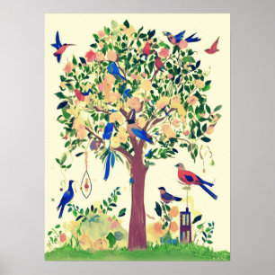 Levensboom met vogels en bloemen poster