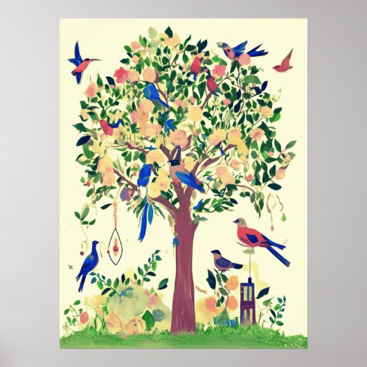 Levensboom met vogels en bloemen poster (Voorkant)