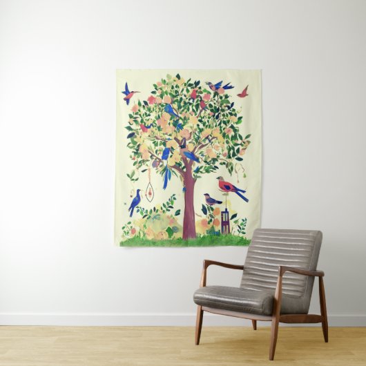 Levensboom met vogels en bloemen wandkleed (In situ)