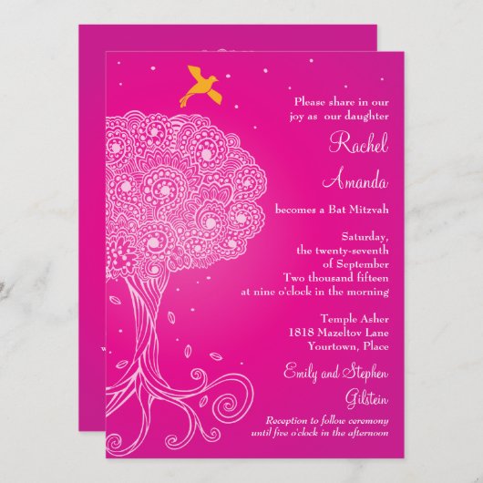 levensboom roze bat Mitzvah Kaart (Voorkant / Achterkant)