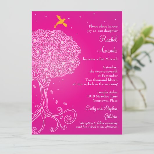  levensboom roze bat Mitzvah Kaart (Staand voorkant)