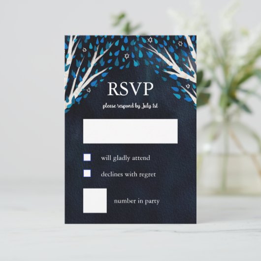 Levensboom Sterren Waterverf Bat Bar Mitswa RSVP Kaartje (Staand voorkant)