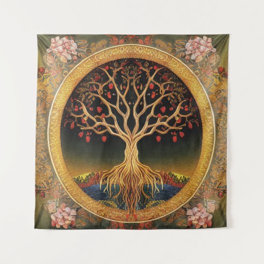 Levensboom van kedoki Floral  borduurwerk Wandkleed (Voorkant)