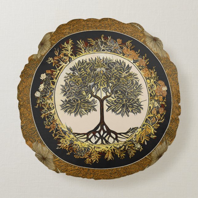 Levensboom van kedoki Floral Gold Embroidery Thro Rond Kussen (Voorkant)