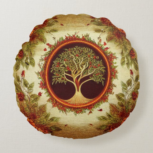 Levensboom van kedoki Green en Oranje Embroidery Rond Kussen (Voorkant)