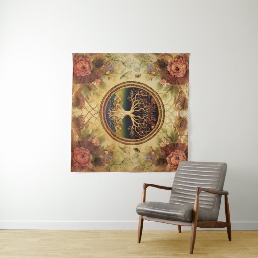 Levensboom van kedoki roos goudbroidery wandkleed (In Situ (horizontaal))