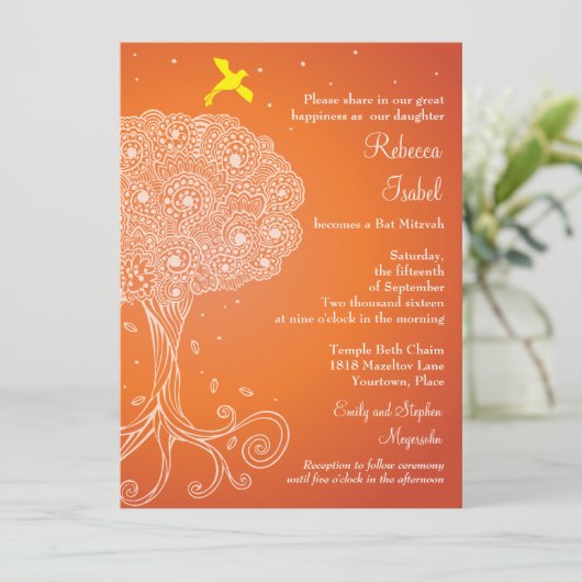  levensboom van Sinaasappel Bat Mitzvah Kaart (Staand voorkant)