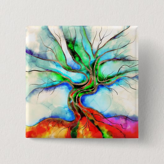 Levensboom - waterverf, inkt en goud vierkante button 5,1 cm (Voorkant)