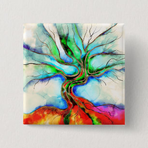 Levensboom - waterverf, inkt en goud vierkante button 5,1 cm