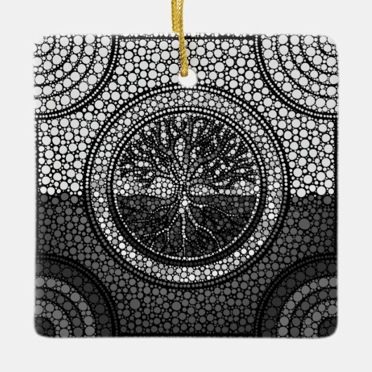 Levensboom - Yggdrasil- Dot Art Grayscale Keramisch Ornament (Voorkant)