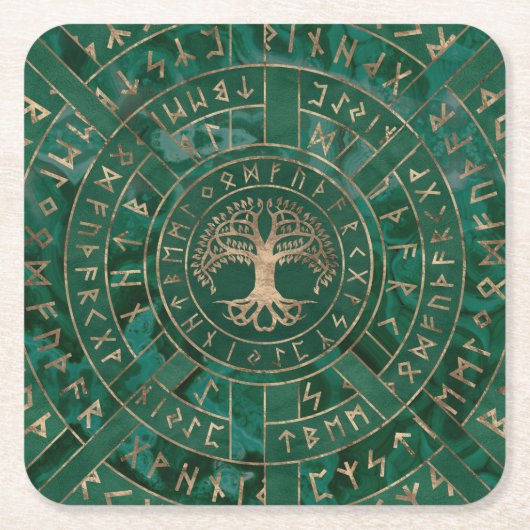 Levensboom - Yggdrasil en Futhark - Malachite Kartonnen Onderzetters (Voorkant)