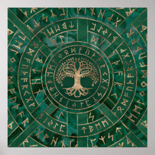 Levensboom - Yggdrasil en Futhark - Malachite Poster
