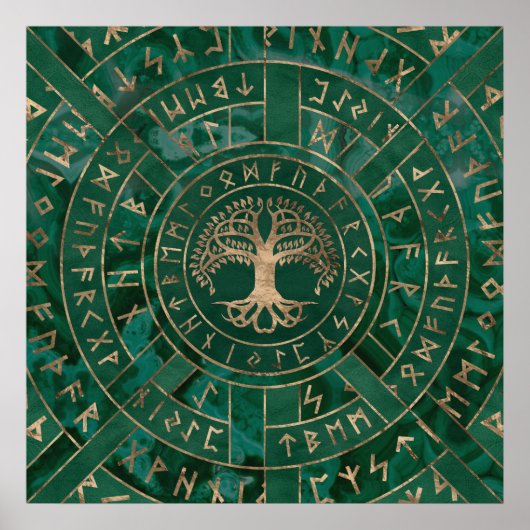 Levensboom - Yggdrasil en Futhark - Malachite Poster (Voorkant)
