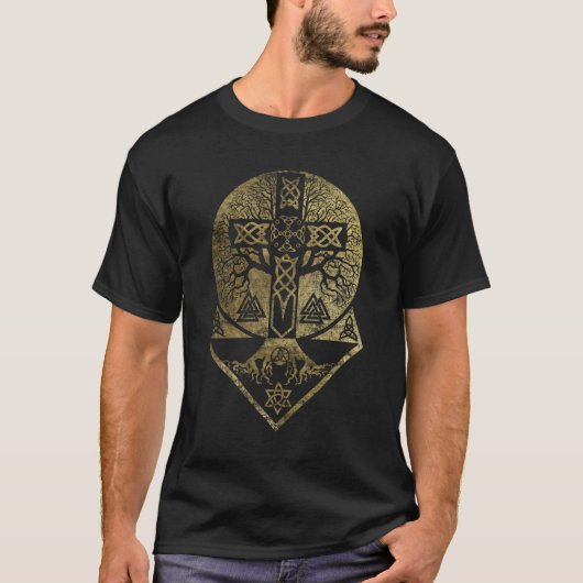Levensboom - Yggdrasil en Keltische Kruis T-shirt (Voorkant)