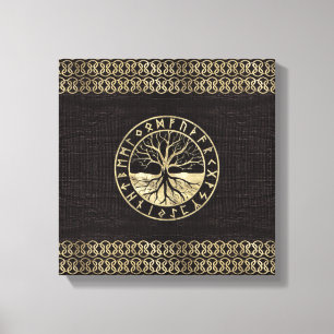 Levensboom - Yggdrasil en Runes op hout Canvas Afdruk