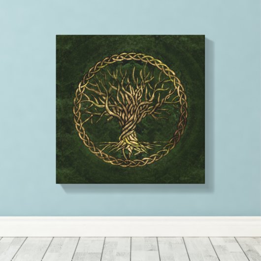 Levensboom - Yggdrasil - groen en goud Canvas Afdruk (Insitu (Houten vloer))