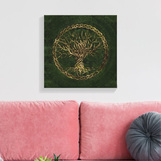 Levensboom - Yggdrasil - groen en goud Canvas Afdruk (Insitu (Woonkamer))