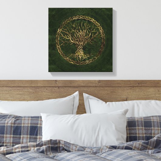 Levensboom - Yggdrasil - groen en goud Canvas Afdruk (Insitu (Slaapkamer))