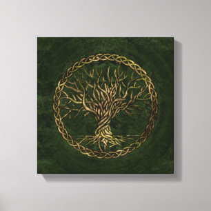 Levensboom - Yggdrasil - groen en goud Canvas Afdruk